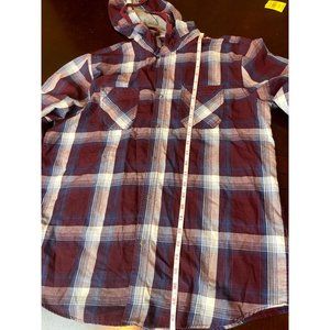 American Rag Women's Hooded Shirt Plaid Button Up Front Pockets Maroon Size L